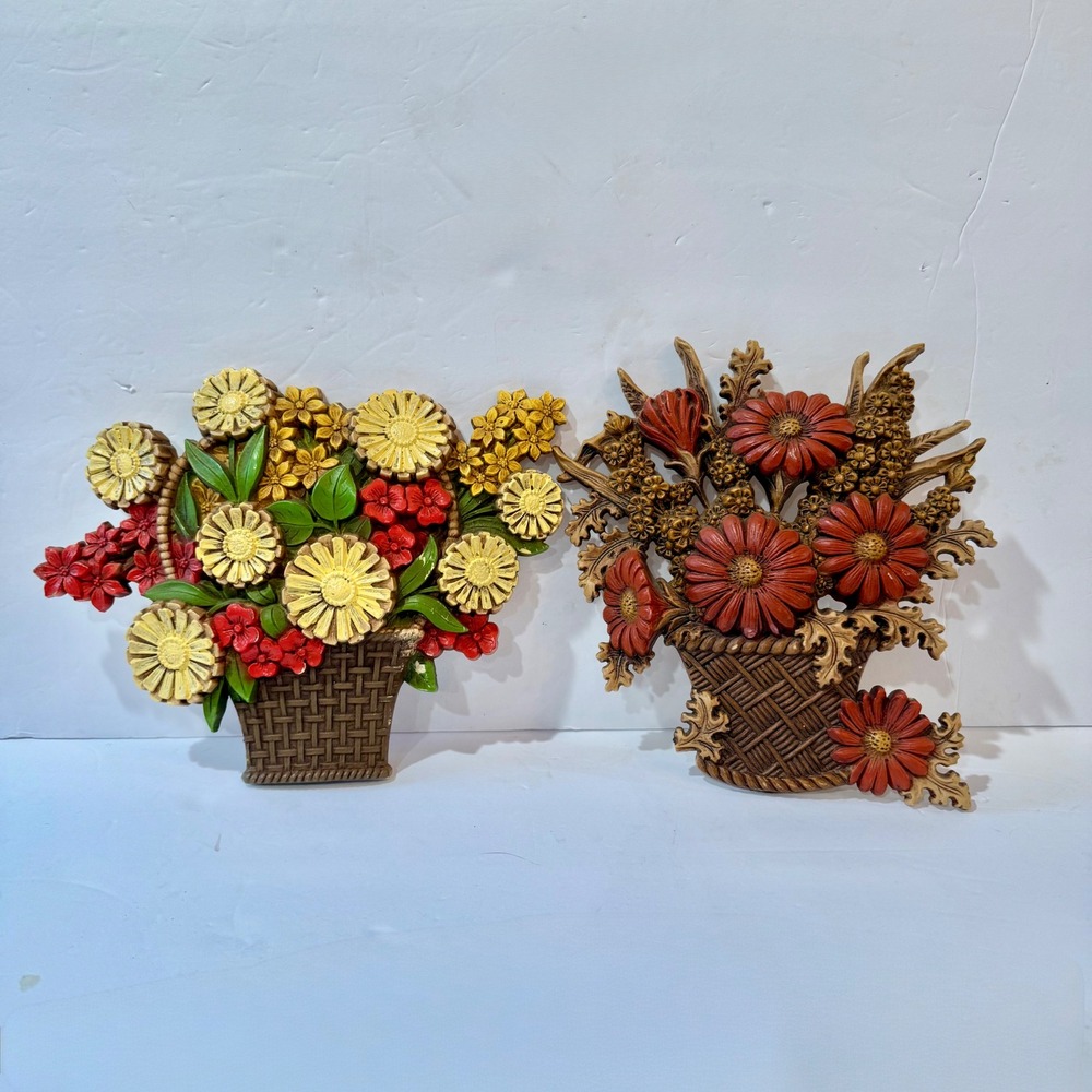 Vintage Floral Wall Plaques Set 2 Flower Baskets 1975 USA MCM Retro Grandma Coe